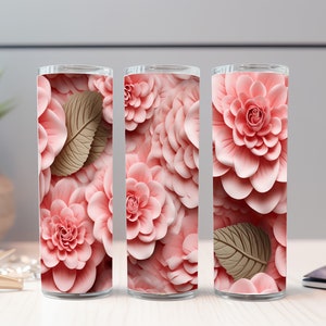 3D Pink Camellia Flower Tumbler Wrap, 20 oz Skinny Tumbler Sublimation, Straight Tumbler Wrap, Instant Digital Download PNG, 300 DPI