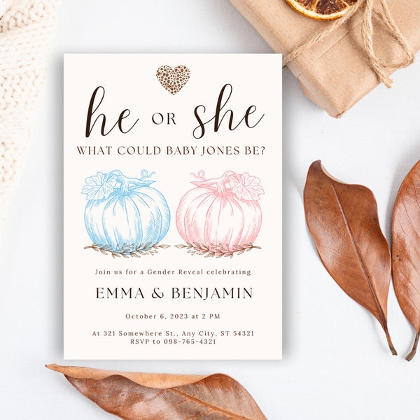 Fall Gender Reveal Party Invitation Template with Blue and Pink Pumpkin Graphics | Fall Themed Baby Shower