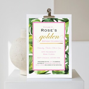 Golden Birthday Celebration Invitation Template | Golden Girls Invitation | Tropical Pink Birthday Party | Thank You For Being A Friend