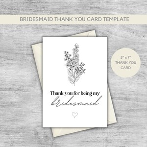 Bridesmaid Thank You Card Template | Bridal Party Thank You Cards | Maid of Honor Card | Matron of Honor Card | Flower Girl Card | Wedding