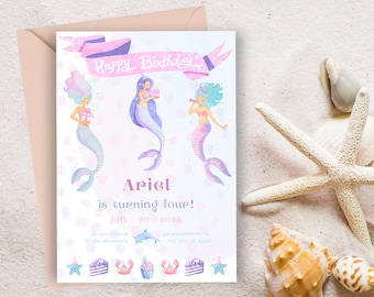 12 biglietti d'invito con sirena, biglietti d'invito per il compleanno di una ragazza con 12 buste e 12 adesivi, biglietti d'invito per il compleanno di una ragazza, invito per una festa di