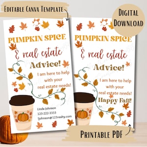 Realtor Pop By Tag | Pumpkin Spice and Real Estate Advice | Printable | Fall Marketing | Digital Download Customizable