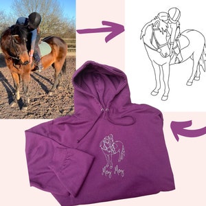 Custom Embroidered Horse Hoodie, Hand Drawn Horse Outline, Embroidered Portrait, Personalised Horse Gift, Equestrian Hoodie, Custom Horse image 2