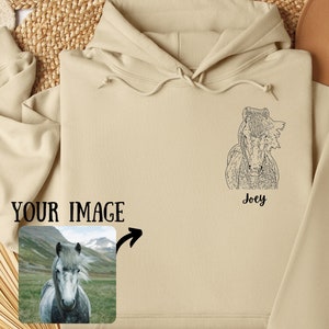 Personalised Hoodie with Custom Horse Portrait, Equestrian Gifts, Horse Hooded Sweatshirt Keepsake, Horse Line Drawing, Horse Memorial Gift