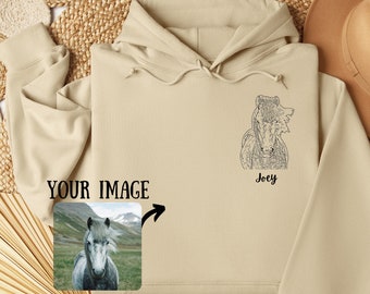 Personalised Hoodie with Custom Horse Portrait, Equestrian Gifts, Horse Hooded Sweatshirt Keepsake, Horse Line Drawing, Horse Memorial Gift