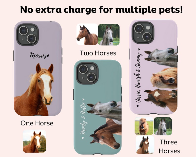 Pu&ograve; includere: Tre custodie per telefono con diversi design che presentano cavalli. Le custodie sono rosa, azzurro e viola. Il testo sulle custodie recita "Morris", "Monty & Hattie" e "Jessie, Hamish & Sammy".