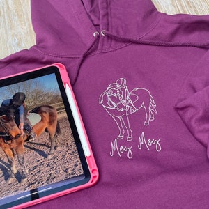 Custom Embroidered Horse Hoodie, Hand Drawn Horse Outline, Embroidered Portrait, Personalised Horse Gift, Equestrian Hoodie, Custom Horse image 1