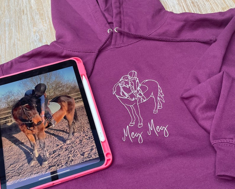 Custom Embroidered Horse Hoodie, Hand Drawn Horse Outline, Embroidered Portrait, Personalised Horse Gift, Equestrian Hoodie, Custom Horse image 1