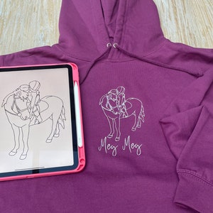 Custom Embroidered Horse Hoodie, Hand Drawn Horse Outline, Embroidered Portrait, Personalised Horse Gift, Equestrian Hoodie, Custom Horse image 4