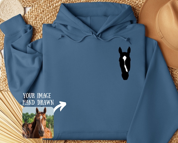 Personalised Horse Portrait Hoodie, Hand Drawn Horse, Custom Horse Line Art Hoody, Horse Girl Gift, Custom Horse Hoodie, Birthday Horse Gift