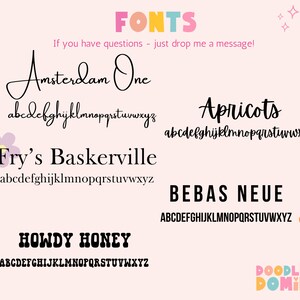 Pu&ograve; includere: Un'immagine di graphic design che mostra diversi font con il testo "FONTS" in alto. I font sono visualizzati in ordine alfabetico con il nome del font e un campione dell'alfabeto in quel font. Il testo "Se hai domande, lasciami un messaggio!" &egrave; incluso anche.
