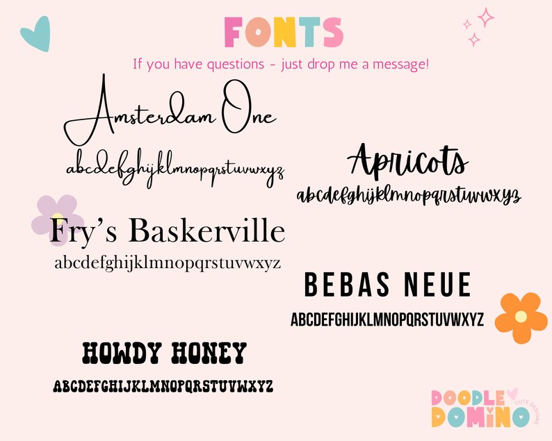 Pu&ograve; includere: Un'immagine di graphic design che mostra diversi font con il testo "FONTS" in alto. I font sono visualizzati in ordine alfabetico con il nome del font e un campione dell'alfabeto in quel font. Il testo "Se hai domande, lasciami un messaggio!" &egrave; incluso anche.