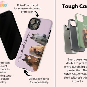 Pu&ograve; includere: Una custodia per telefono rosa con un bordo rialzato di 1 mm per la protezione dello schermo e della fotocamera. La custodia presenta un design con tre cavalli con il testo "Jessie, Hamish & Sammy". La custodia ha porte chiare e aperte per la connettivit&agrave;. La custodia &egrave; mostrata accanto a una custodia per telefono nera e una custodia per telefono verde con un design a cavallo e il testo "Jury". Il testo "Tough Case" &egrave; visualizzato sopra le custodie.