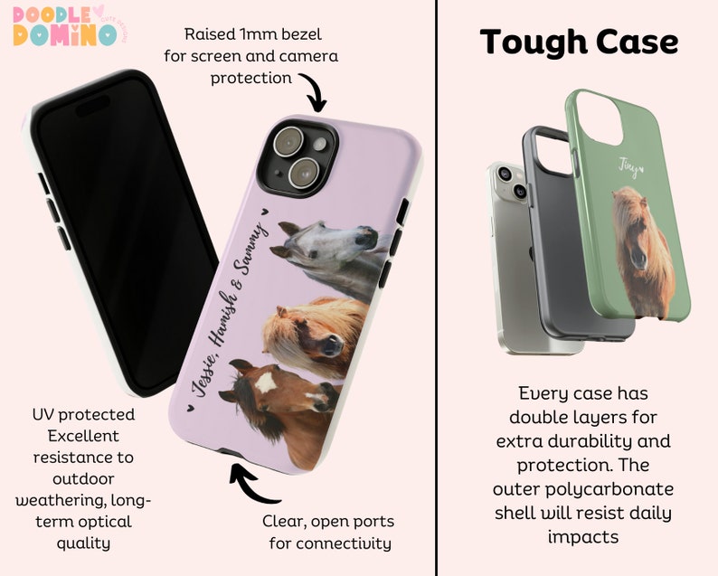 Pu&ograve; includere: Una custodia per telefono rosa con un bordo rialzato di 1 mm per la protezione dello schermo e della fotocamera. La custodia presenta un design con tre cavalli con il testo "Jessie, Hamish & Sammy". La custodia ha porte chiare e aperte per la connettivit&agrave;. La custodia &egrave; mostrata accanto a una custodia per telefono nera e una custodia per telefono verde con un design a cavallo e il testo "Jury". Il testo "Tough Case" &egrave; visualizzato sopra le custodie.
