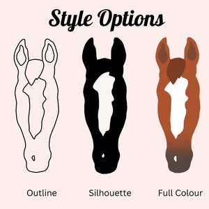 May include: Three different styles of a horse head illustration: outline, silhouette, and full color. The outline is black, the silhouette is black and white, and the full color is brown and white.