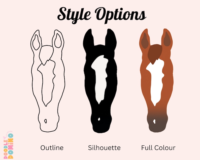 May include: Three different styles of a horse head illustration: outline, silhouette, and full color. The outline is black, the silhouette is black and white, and the full color is brown and white.