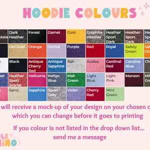 May include: A chart of hoodie colors with 36 different color swatches. The colors are arranged in rows and columns. The chart includes colors like dark chocolate, old gold, antique cherry red, heliconia, indigo blue, Irish green, light blue, light pink, maroon, military green, safety pink, sand, sapphire, sport grey, violet, cherry red, and mint green.