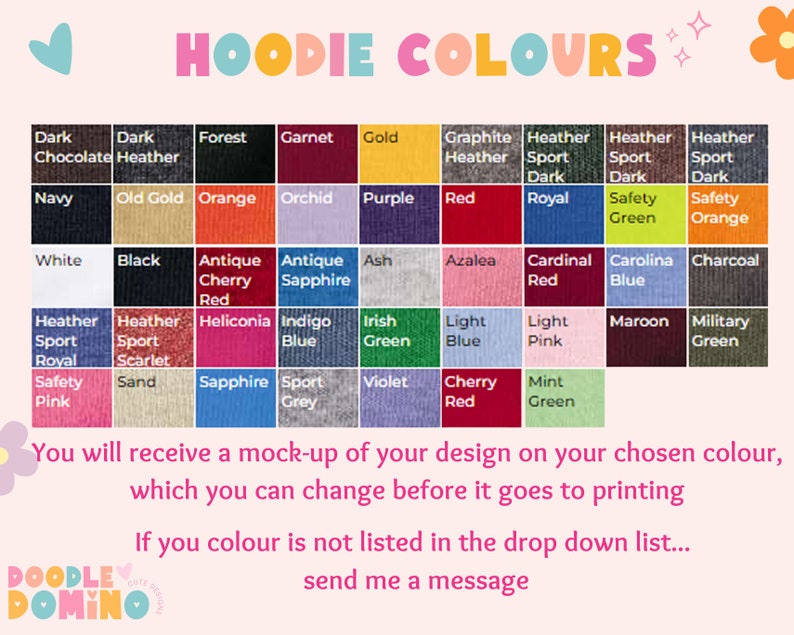 May include: A chart of hoodie colors with 36 different color swatches. The colors are arranged in rows and columns. The chart includes colors like dark chocolate, old gold, antique cherry red, heliconia, indigo blue, Irish green, light blue, light pink, maroon, military green, safety pink, sand, sapphire, sport grey, violet, cherry red, and mint green.