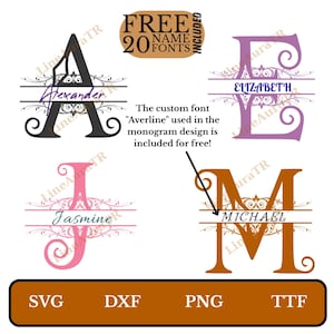 Può includere: Disegni di monogrammi con le lettere A, E, J e M, ciascuno con un nome. L'immagine include il testo "FREE 20 NAME FONTS INCLUDED" e le opzioni di tipo di file: SVG, DXF, PNG e TTF.