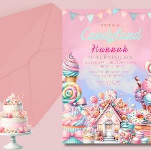 Convite de aniversário Candyland, tema de doces doces, convite para festa, convite de aniversário editável, guloseima doce