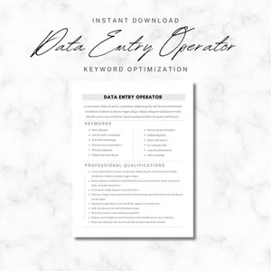 Może przedstawiać: Cyfrowe pobranie zatytułowane "Data Entry Operator" z podtytułem "Optymalizacja słów kluczowych". Projekt zawiera marmurowe tło i układ dokumentu z nagłówkami takimi jak "Słowa kluczowe" i "Kwalifikacje zawodowe".