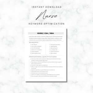 May include: A digital download titled "Nurse Keyword Optimization" with a marble background. The document includes the words "Nurse/ CNA/ RMA" and lists keywords and professional qualifications. The word "Nurse" is written in cursive.