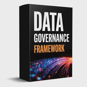 Könnte beinhalten: Eine schwarze Box mit den Worten "DATA GOVERNANCE FRAMEWORK" in Weiß und Orange. Der untere Teil der Box zeigt ein farbenfrohes, abstraktes Design mit blauen, orangefarbenen und violetten Farbtönen, das ein digitales oder technologisches Thema suggeriert.