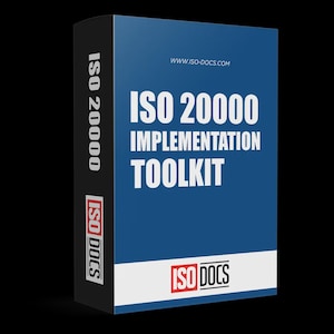 May include: A product box with a blue background and white text that reads "ISO 20000 IMPLEMENTATION TOOLKIT." The box also has the text "ISO 20000" and "ISO DOCS" in white. The website address www.iso-docs.com is also visible.
