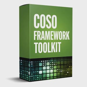 Puede incluir: Una caja verde con las palabras "COSO FRAMEWORK TOOLKIT" en blanco. La parte inferior de la caja tiene un diseño pixelado en tonos verdes y azules.