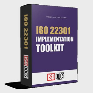 Può includere: Una scatola viola con la scritta "ISO 22301 IMPLEMENTATION TOOLKIT" in oro e bianco. La scatola ha anche la scritta "ISO 22301" sul lato e il logo ISO DOCS. È visibile anche il sito web www.iso-docs.com.