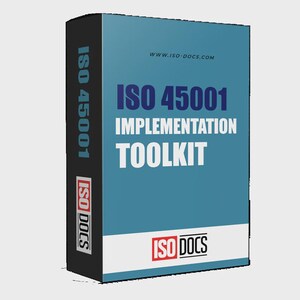 May include: A teal box with the text "ISO 45001 IMPLEMENTATION TOOLKIT" in white and blue. The box also features the website address "www.ISO-DOCS.com" and the "ISO DOCS" logo.