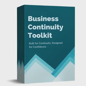 Puede incluir: Una caja turquesa con las palabras "Business Continuity Toolkit" en blanco. Debajo del título está el texto "Built for Continuity. Designed for Confidence." La caja tiene un diseño geométrico en tonos azules y blancos.