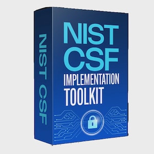 May include: A blue box with the text "NIST CSF IMPLEMENTATION TOOLKIT" in white. The box also features a lock icon and circuit board design. The text "NIST CSF" is also printed vertically on the side of the box.