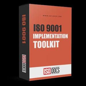 May include: A product box with the text "ISO 9001 Implementation Toolkit" in white on an orange background. The box has a black spine with the text "ISO 9001" in white. The website www.iso-docs.com is also visible.