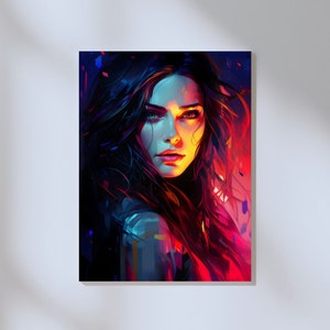 Portrait Synthwave Woman, Abstract Neon Art Poster, Colorful Painting Poster, Premium Matte Vertical Poster