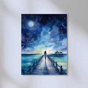 Landschaft Nachtspaziergang Frau Malediven Sternenmeer, Vintage Aquarell Kunstposter, Malediven Reiseposter, Premium mattes vertikales Poster