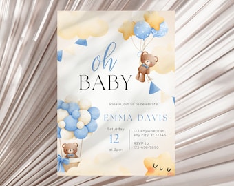 Ho baby Baby-Dusche-Einladung Teddybär-Holding-Ballons Baby-Dusche-Vorlage Blau Aquarell-Baby-Dusche-Einladung