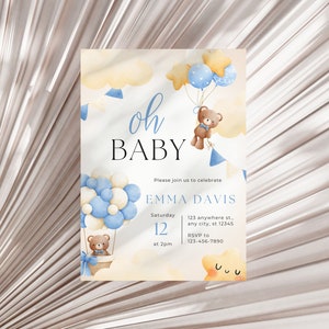 Ho baby Baby Shower Invitation Teddy Bear Holding Balloons Baby Shower Template Blue Watercolor Baby Shower Invitation