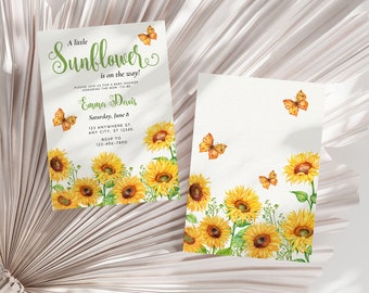 May include: A baby shower invitation featuring a sunflower and butterfly theme. The invitation is white with green text and includes a watercolour illustration of sunflowers and butterflies. The text reads "A little Sunflower is on the way!" and includes the name "Emma Davis", the date "Saturday, June 8", and the RSVP information.
