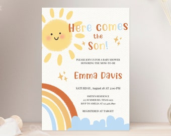 May include: A baby shower invitation with a yellow sun with a smiling face, a rainbow, and the text "Here comes the Son!"  The invitation also includes the name "Emma Davis" and details about the event, including the date, time, location, and RSVP information.