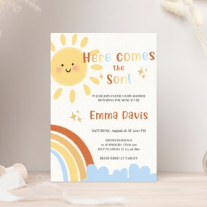 Invito modificabile per la baby shower al sole, Invito per la baby shower del ragazzo, ecco che arriva il sole, Invito per la baby shower del figlio