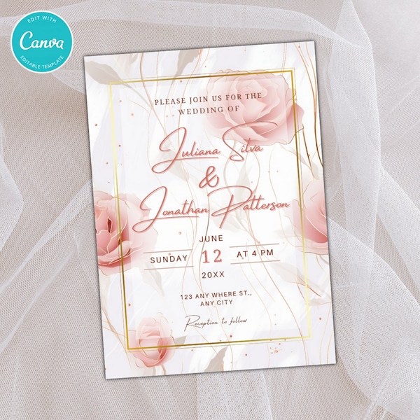 Rose Gold Flower Wedding Invitation Template Pink Roses Wedding Invitation Floral Elegant Wedding Invitation Golden frame