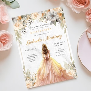 Modèle d&#39;invitation de Quinceañera robe jaune et roses Téléchargement instantané Personnaliser une invitation de Quinceañera couronne dorée Mis coings anniversaire 15 ans