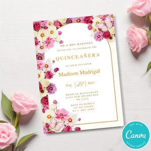 Pink Roses Quinceañera Invitation Template Butterfly and Rose Quinceañera Invite Gold Frame Mis Quince 15 Anos Birthday