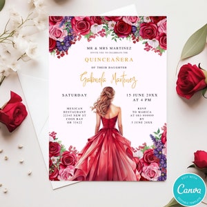 Red Dress And Roses Quinceañera Invitation Template Instant Download Personalize Quinceañera Invite Gold Crown Mis Quince 15 Anos Birthday