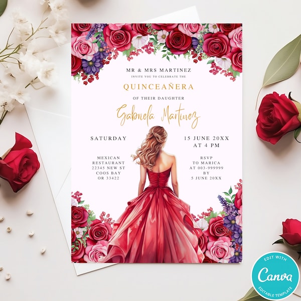 Red Dress And Roses Quinceañera Invitation Template Instant Download Personalize Quinceañera Invite Gold Crown Mis Quince 15 Anos Birthday