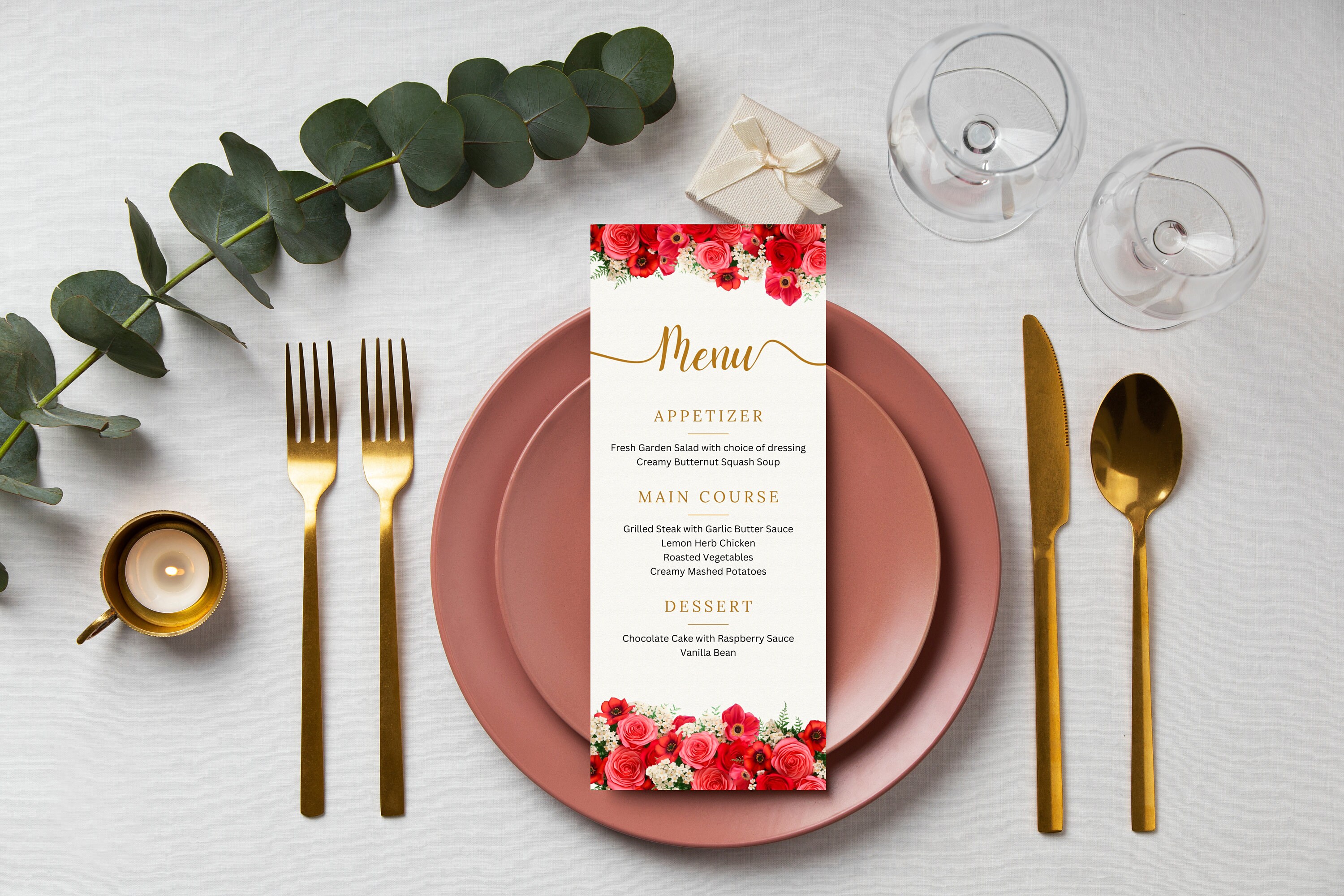 Red Roses Menu Card Printable Wedding Menu Cards, Bridal Shower Brunch ...