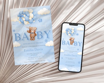 Teddy Bär hält Luftballons Baby-Dusche-Vorlage Baby-Dusche Sofortiger Download Personalisieren Baby-Dusche Einladen können wir nur warten Dusche Baby
