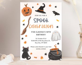 May include: A Halloween party invitation with a spooky theme. The invitation features a black cat, a witch's hat, a ghost, a cauldron, a pumpkin, and a broom. The text on the invitation reads "Join us for a Spook Celebration for Claudia's 10th Birthday. On October 12 at 10:00 AM at 123 Anywhere St., Any City, ST 12345. Please come dressed in your best spooky costume."