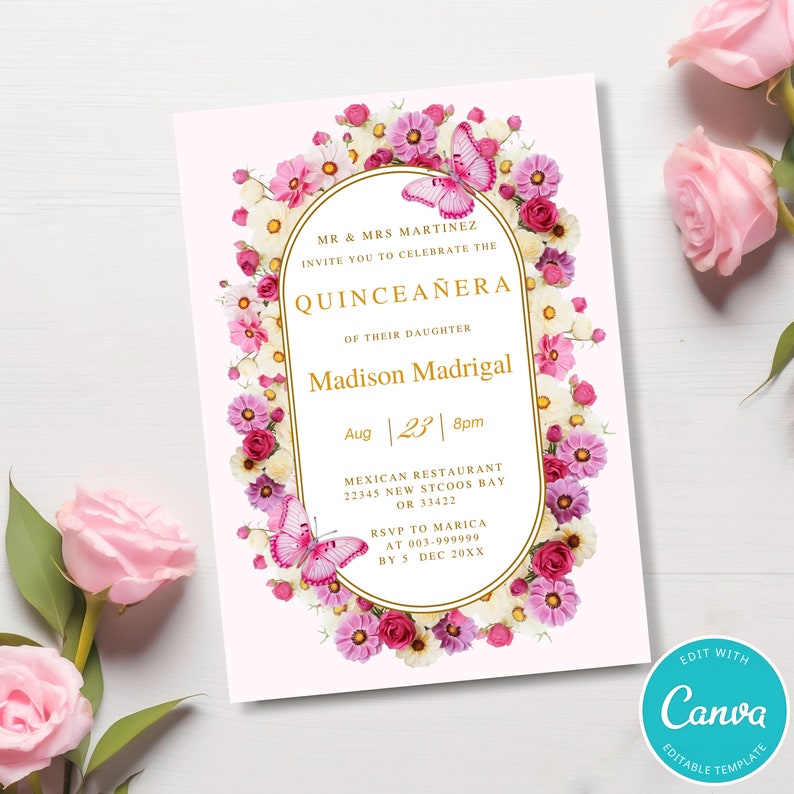Pink Roses Invite Pink Roses Quinceañera Invitation Template Butterfly and Rose ...